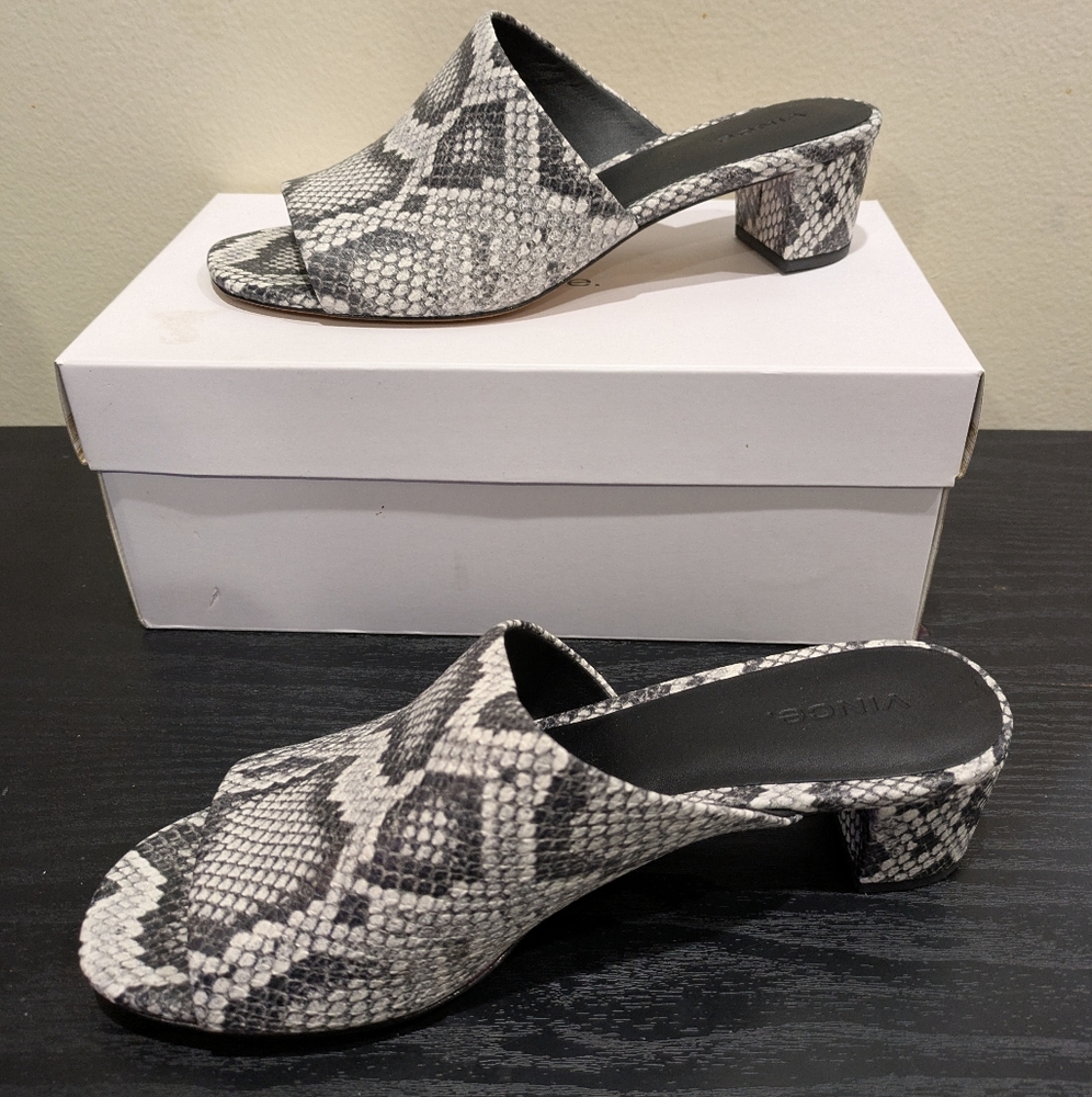 Vince Black and White Snake Pattern Mules Size 8